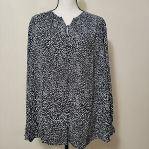NWT Nine West Size XL Long Sleeve Button Front Tunic Blouse Top Black White